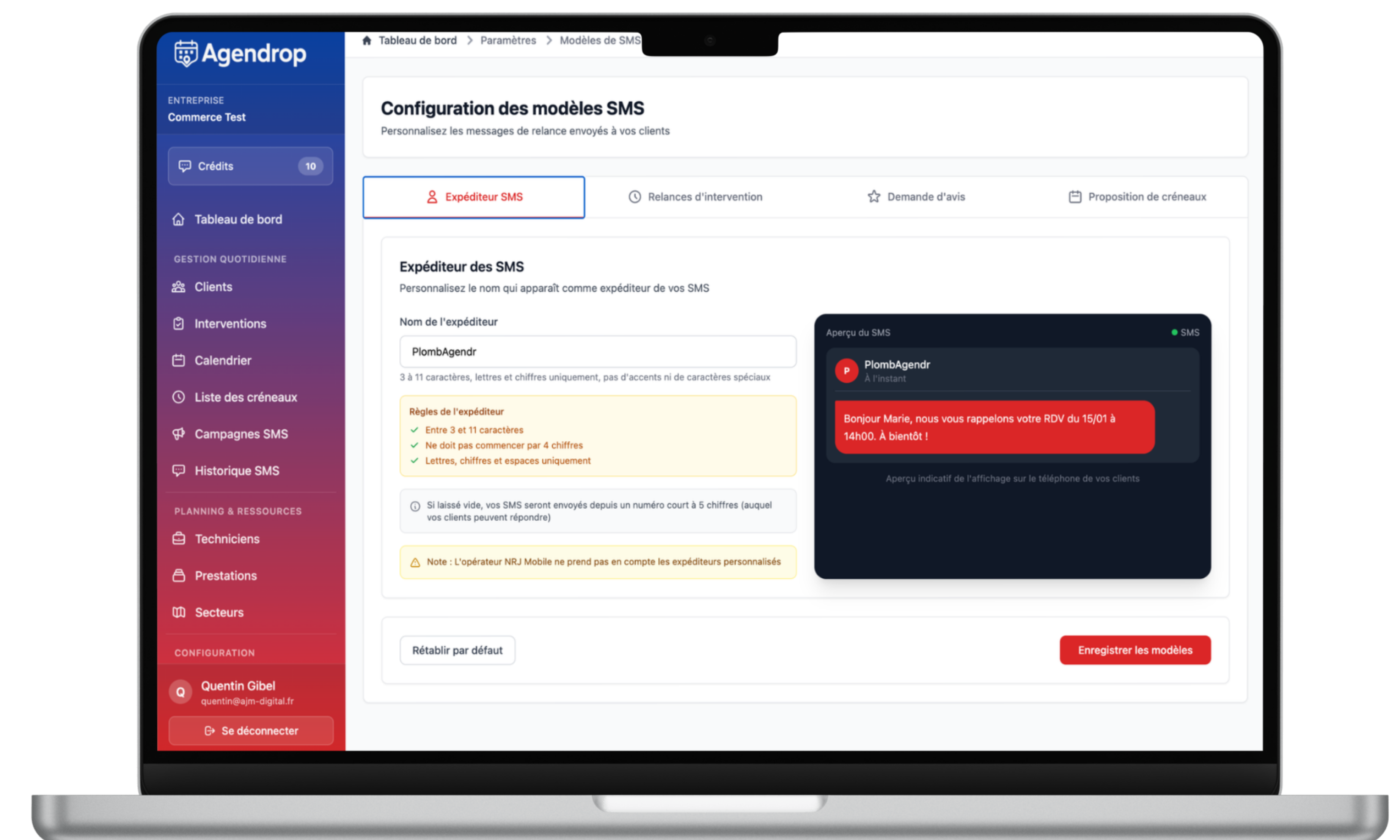 Agendrop - Interface de gestion des entretiens périodiques et relances SMS automatiques